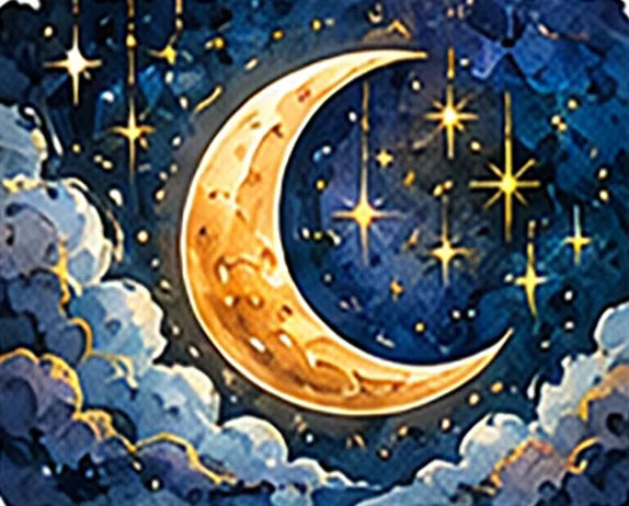 Painted illustration of a crescent moon among stars