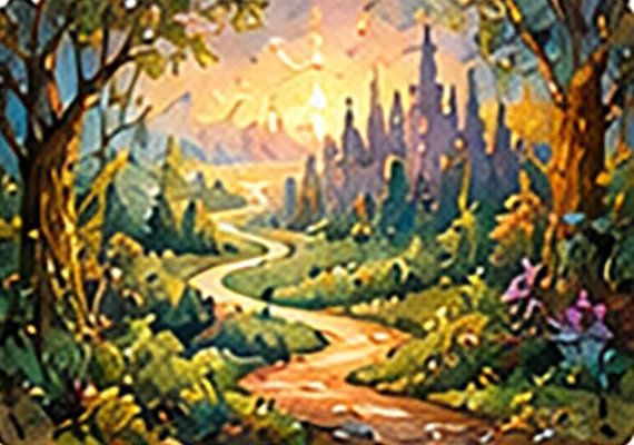 Painted illustration of a winding path through a forest