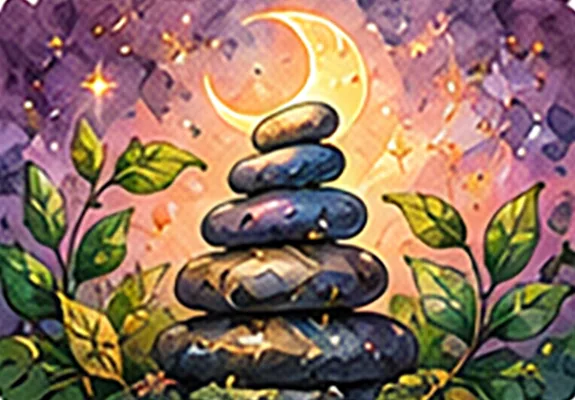Painted illustration of stacked stones among leaves